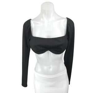 Princess Polly Women's Black Ribbed Knit Square Neck Long Sleeve Crop Top Size 8